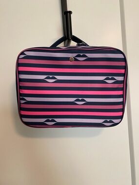 kate spade Navy and Pink Striped Lip-Print Cosmetic Case